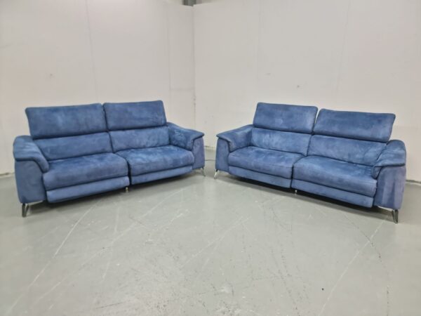 Dfs Blue Suede 3 and 3 Seater Electric Recliner Sofas with Adjustable Headrest and USB