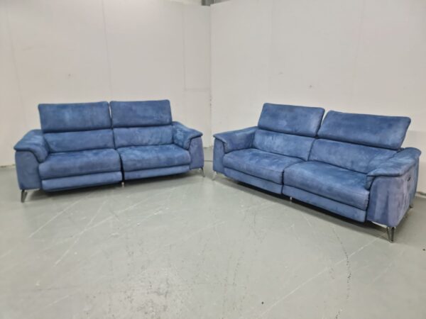 Dfs Blue Suede 3 and 3 Seater Electric Recliner Sofas with Adjustable Headrest and USB - Image 2