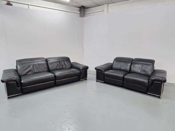 Dfs Black Leather 3 and 2 Seater Electric Recliner Sofas with Adjustable Headrest
