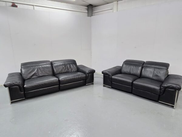 Dfs Black Leather 3 and 2 Seater Electric Recliner Sofas with Adjustable Headrest - Image 4