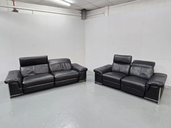 Dfs Black Leather 3 and 2 Seater Electric Recliner Sofas with Adjustable Headrest - Image 5