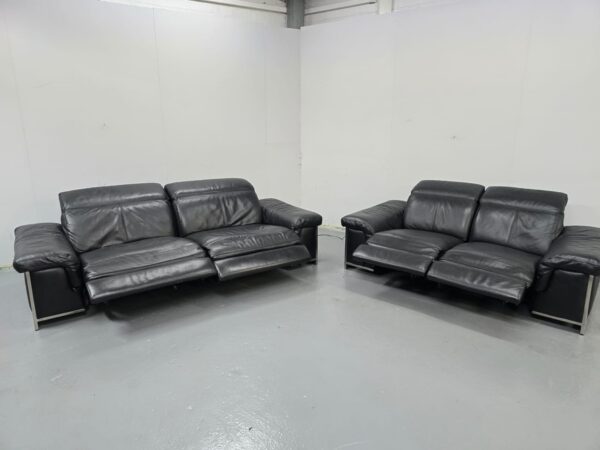 Dfs Black Leather 3 and 2 Seater Electric Recliner Sofas with Adjustable Headrest - Image 6