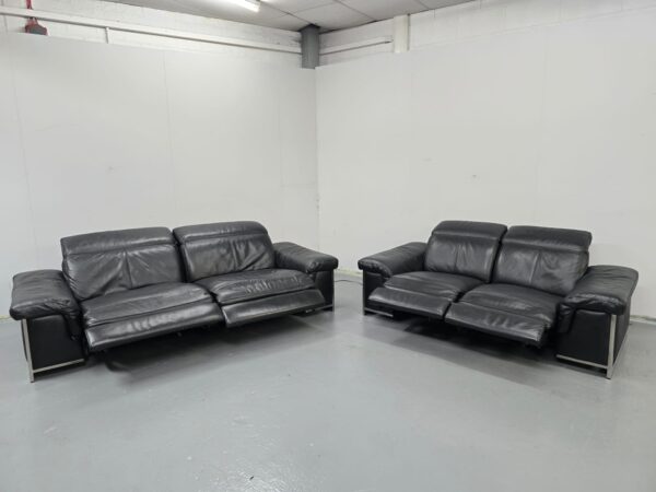 Dfs Black Leather 3 and 2 Seater Electric Recliner Sofas with Adjustable Headrest - Image 8