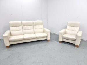 Ekorness Stressless Cream Leather 3 and 1 Seater Sofa and Chair