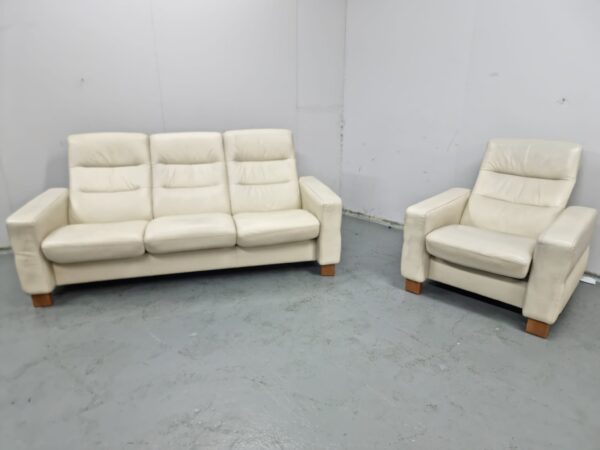 Ekorness Stressless Cream Leather 3 and 1 Seater Sofa and Chair - Image 2