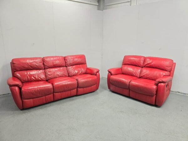 Dfs Red Leather 3 and 2 Seater Manual Recliner Sofas