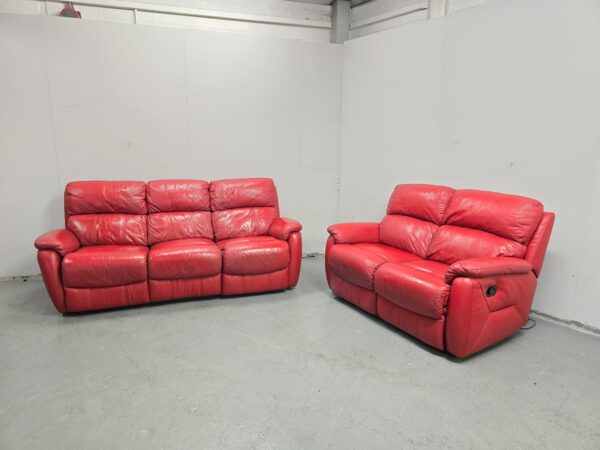 Dfs Red Leather 3 and 2 Seater Manual Recliner Sofas - Image 2