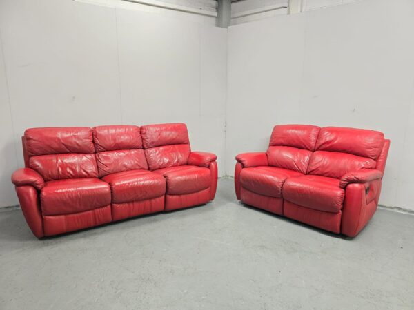 Dfs Red Leather 3 and 2 Seater Manual Recliner Sofas - Image 4