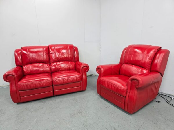 Red Leather 2 and 1 Seater Manual Recliner Sofa and Chair - Image 2