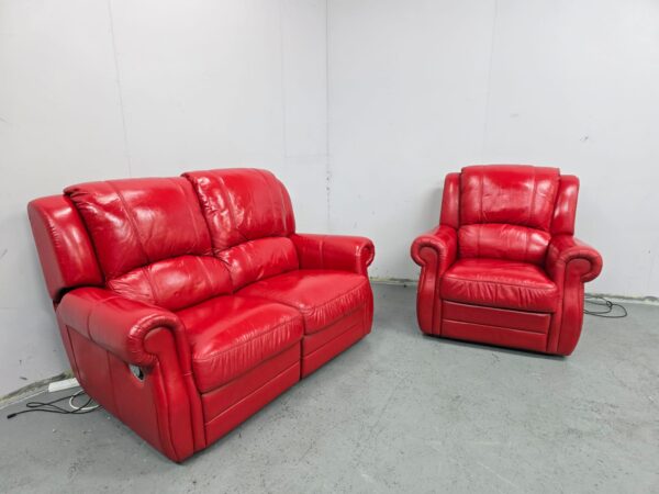 Red Leather 2 and 1 Seater Manual Recliner Sofa and Chair - Image 3