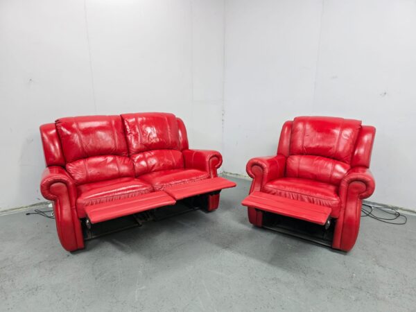 Red Leather 2 and 1 Seater Manual Recliner Sofa and Chair - Image 4