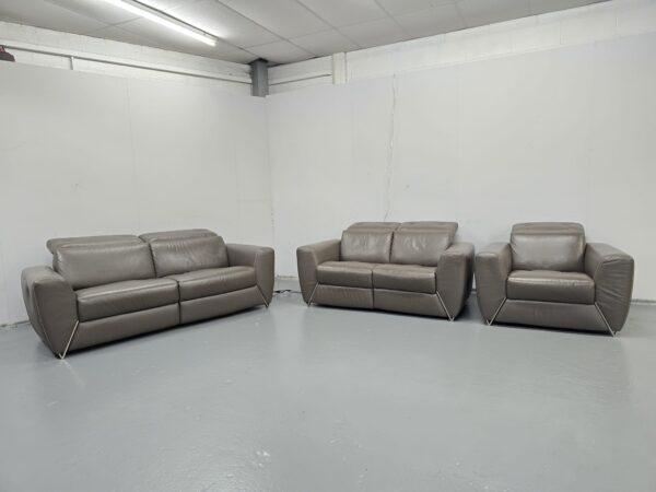 Oak Furniture Village Grey Leather 3 Piece Suite Recliner Sofas and Chair - Image 2