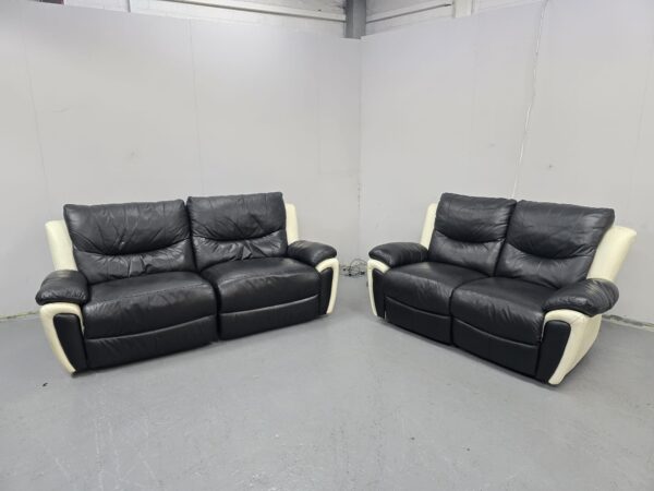 Scs Black and Cream Leather 3 and 2 Seater Manual Recliner Sofas