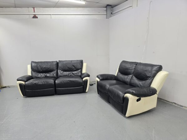 Scs Black and Cream Leather 3 and 2 Seater Manual Recliner Sofas - Image 2