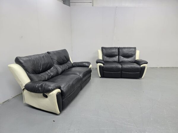 Scs Black and Cream Leather 3 and 2 Seater Manual Recliner Sofas - Image 3