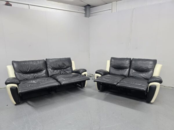 Scs Black and Cream Leather 3 and 2 Seater Manual Recliner Sofas - Image 7