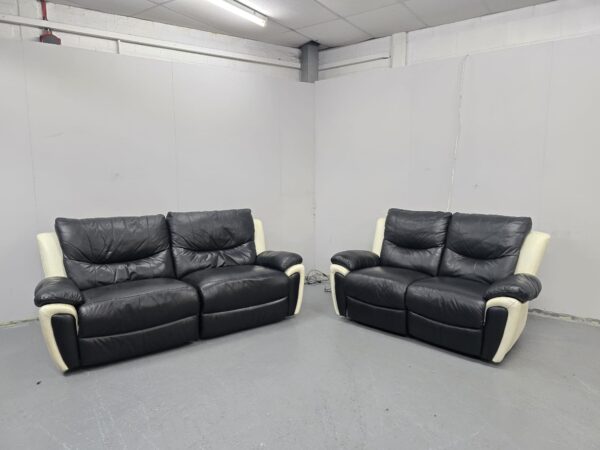Scs Black and Cream Leather 3 and 2 Seater Manual Recliner Sofas - Image 4