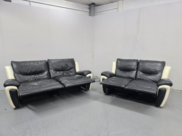Scs Black and Cream Leather 3 and 2 Seater Manual Recliner Sofas - Image 5