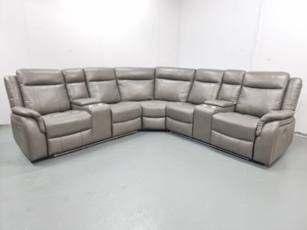Lily Grey Leather Electric Recliner Corner Sofa with Cup Holders and LED