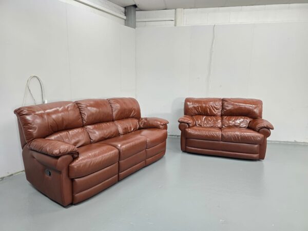 Brown Leather 3 Seater Electric Recliner and 2 Seater Standard Sofas - Image 2