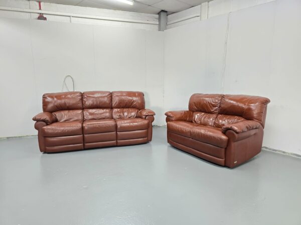Brown Leather 3 Seater Electric Recliner and 2 Seater Standard Sofas - Image 3