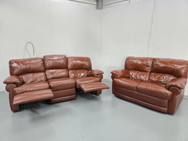 Brown Leather 3 Seater Electric Recliner and 2 Seater Standard Sofas - Image 7