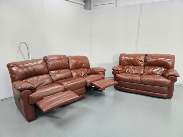 Brown Leather 3 Seater Electric Recliner and 2 Seater Standard Sofas - Image 6