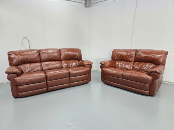 Brown Leather 3 Seater Electric Recliner and 2 Seater Standard Sofas - Image 4