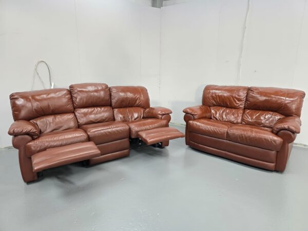 Brown Leather 3 Seater Electric Recliner and 2 Seater Standard Sofas - Image 5