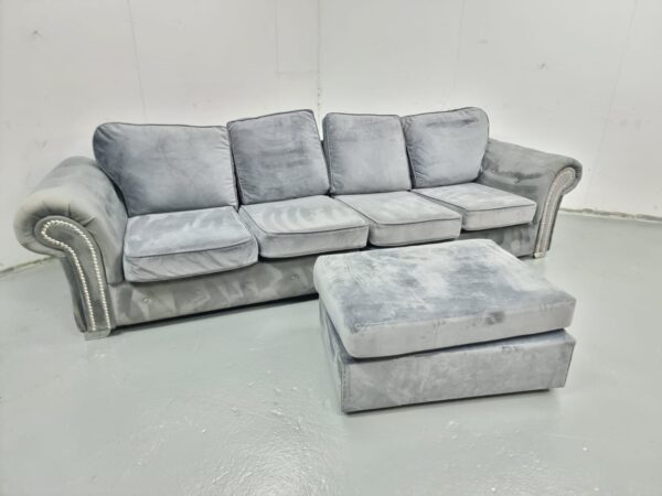 Chesterfield Grey Suede 4 Seater Sofa with Footstool - Image 2