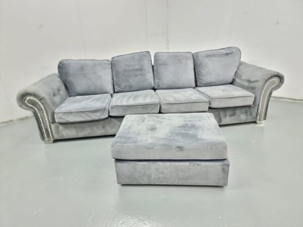 Chesterfield Grey Suede 4 Seater Sofa with Footstool