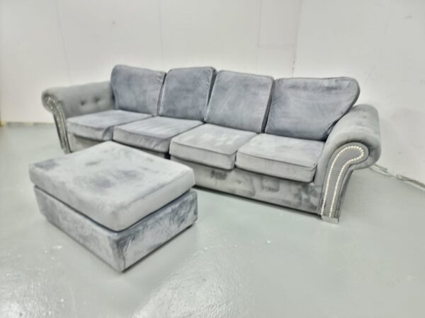 Chesterfield Grey Suede 4 Seater Sofa with Footstool - Image 3