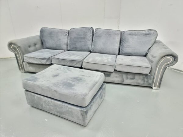 Chesterfield Grey Suede 4 Seater Sofa with Footstool - Image 4