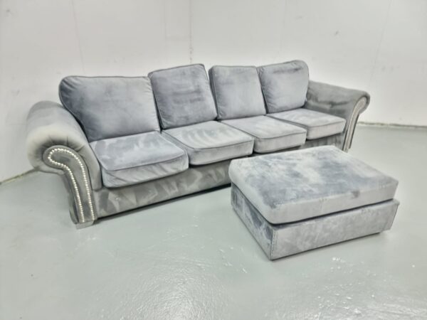 Chesterfield Grey Suede 4 Seater Sofa with Footstool - Image 5