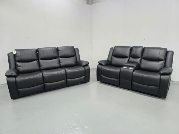 Harald Black Leather 3 and 2 Seater Electric Recliner Sofas with Cup Holders - Image 2