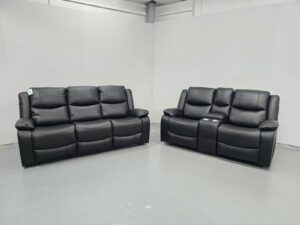 Harald Black Leather 3 and 2 Seater Electric Recliner Sofas with Cup Holders