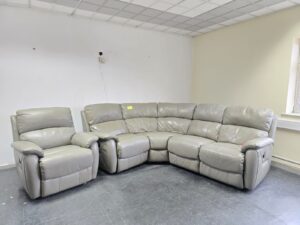 Grey Leather Electric Recliner Corner Sofa and Chair
