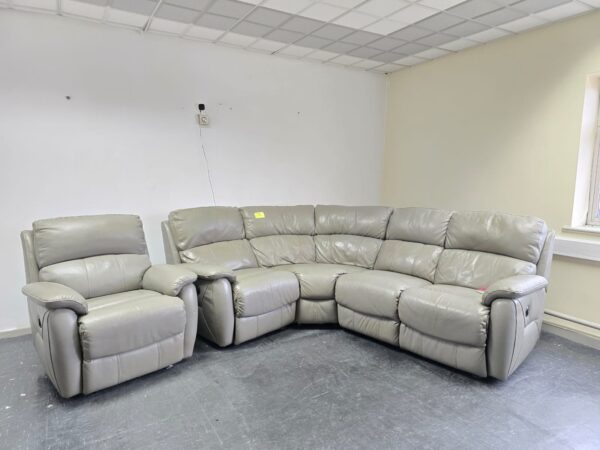 Grey Leather Electric Recliner Corner Sofa and Chair