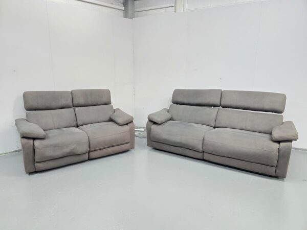 Grey Suede 3 and 2 Seater Electric Recliner Sofas with Adjustable Headrests