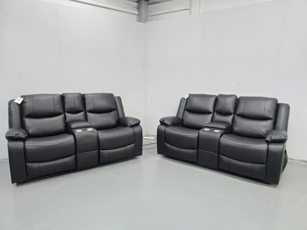 Harald Black Leather 2 and 2 Seater Electric Recliner Sofas with Cup Holders with USB - Image 2