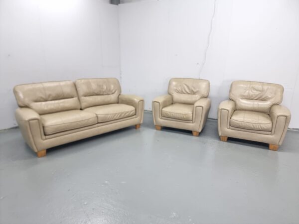 Beige Full Leather 3 Piece Suite Sofa and Chairs