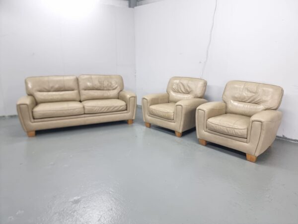 Beige Full Leather 3 Piece Suite Sofa and Chairs - Image 4