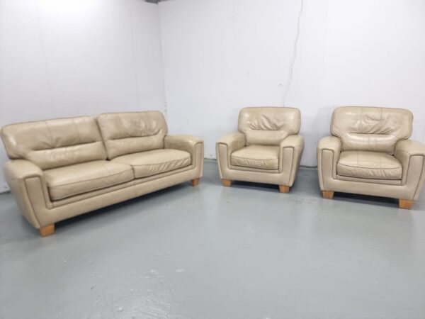 Beige Full Leather 3 Piece Suite Sofa and Chairs - Image 2