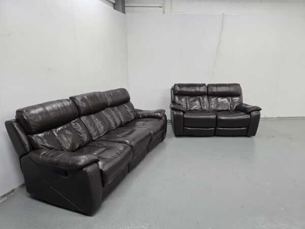 Sofology Brown Leather 3 and 2 Seater Manual Recliner Sofas - Image 3