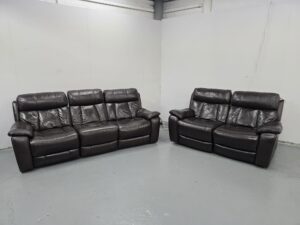 Sofology Brown Leather 3 and 2 Seater Manual Recliner Sofas