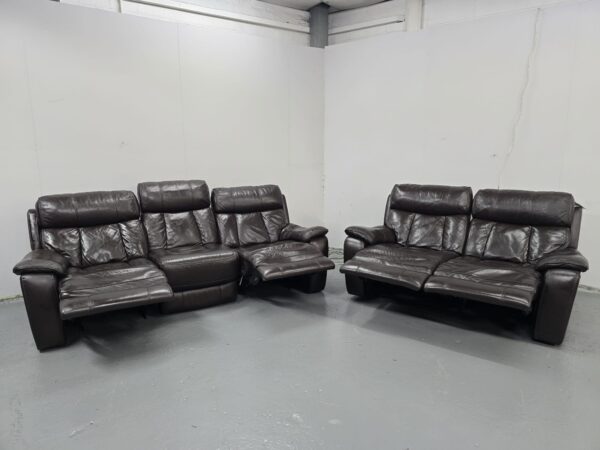 Sofology Brown Leather 3 and 2 Seater Manual Recliner Sofas - Image 6