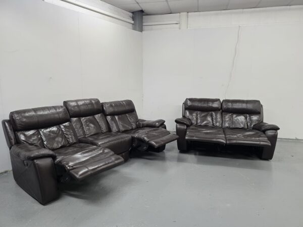 Sofology Brown Leather 3 and 2 Seater Manual Recliner Sofas - Image 5