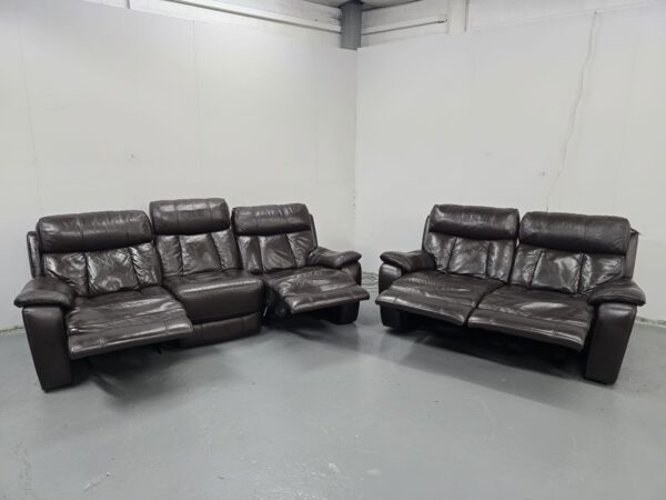 Sofology Brown Leather 3 and 2 Seater Manual Recliner Sofas - Image 4