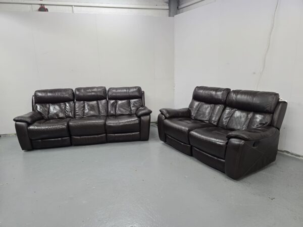 Sofology Brown Leather 3 and 2 Seater Manual Recliner Sofas - Image 2