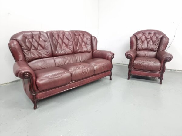 Italian Oxblood Leather 3 and 1 Seater Sofa and Chair - Image 2